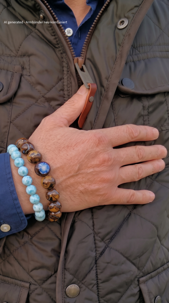 Opal Armband und Larimar Armband von einem Mann am Handgelenk getragen