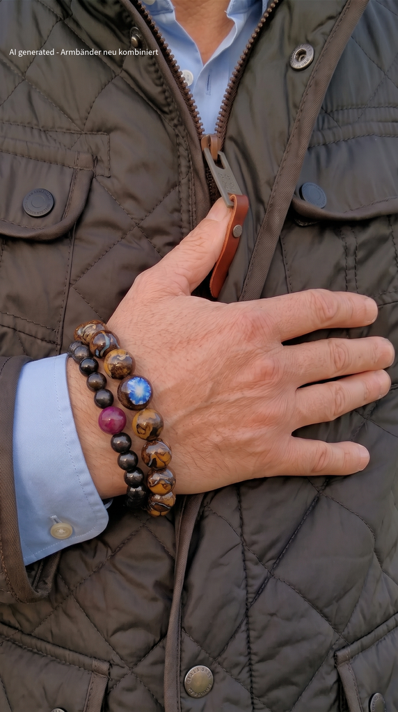 Opal Armband und Sugilith Armband von einem Mann am Handgelenk getragen