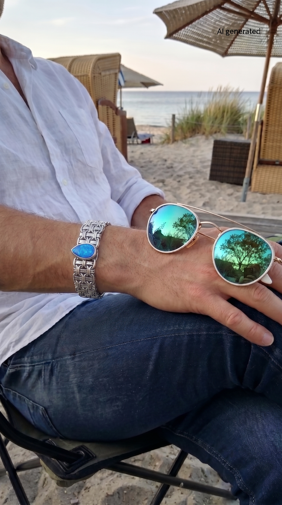 an Mann am Strand mit Sonnenbrille und Opal Armband für Herren