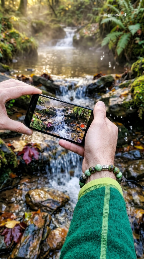 Mann filmt einen Bachlauf im Wald und trägt ein grünes Opal-Armband am Handgelenk